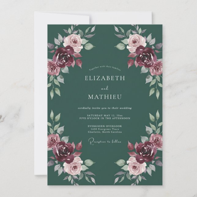 Invitation Mariage Romantique Floral Vert Profond (Devant)