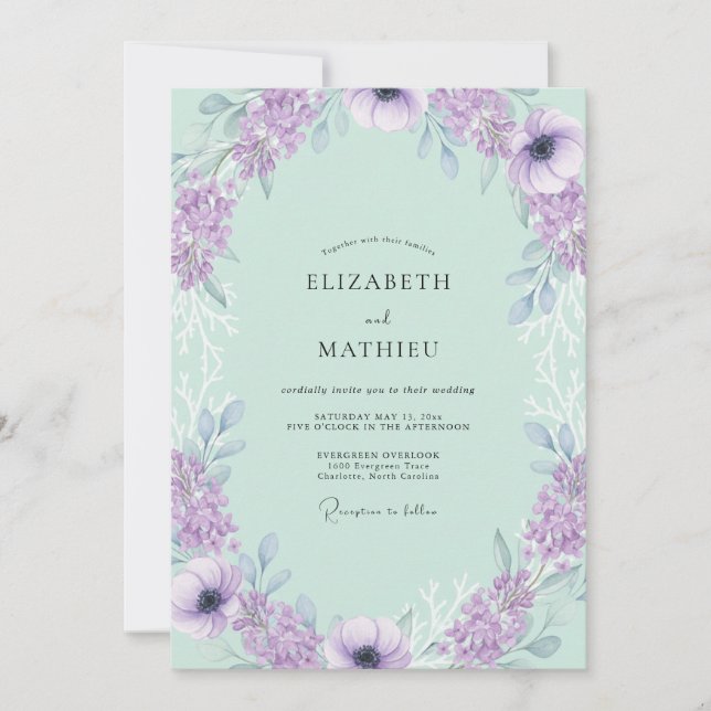 Invitation Mariage Romantique Floral Violet Menthe (Devant)