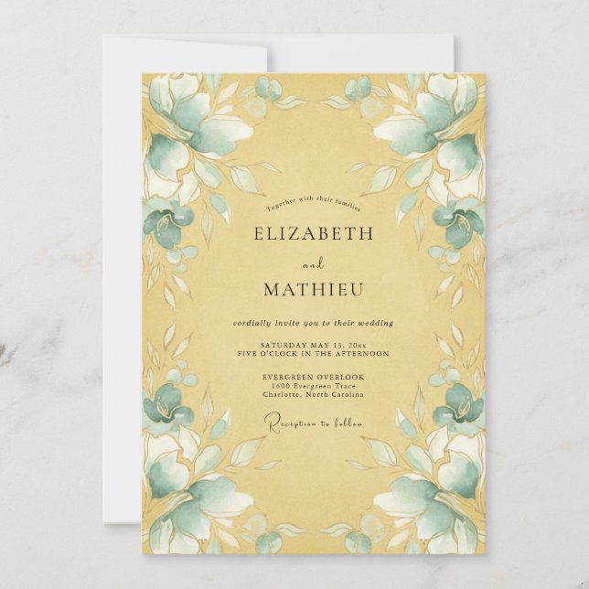 Invitation Mariage Romantique Glycine Bleu-vert (Devant)
