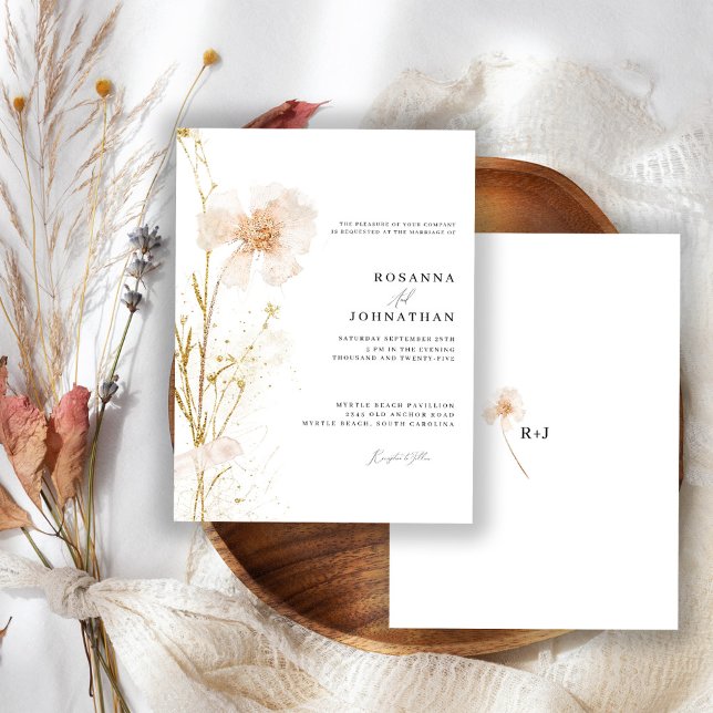 Invitation Mariage Romantique Gold & Blush Pressé Fleurs (Créateur téléchargé)