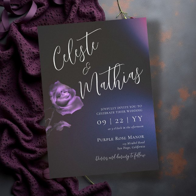 Invitation Mariage Romantique Gothique Rose Violet Bleu Foncé (dark moody wedding invitation blue purple rose floral elegant romantic modern classic gothic)