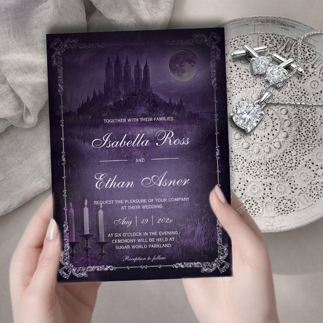 Invitation Mariage Romantique Gothique Velours Violet Argenté (Créateur téléchargé)