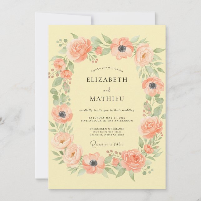 Invitation Mariage Romantique Guirlande de Fleurs de Pêcher (Devant)