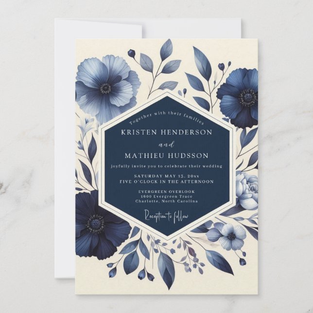 Invitation Mariage Romantique Indigo Bloom (Devant)