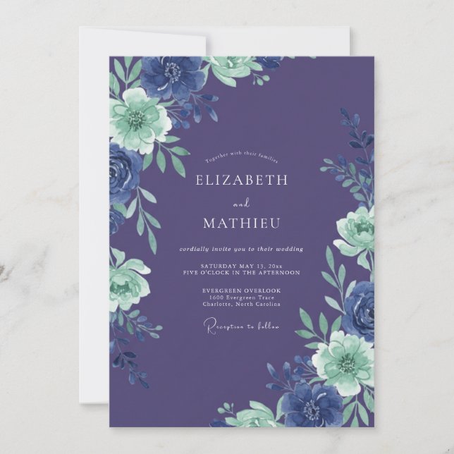Invitation Mariage Romantique Indigo Bloom (Devant)