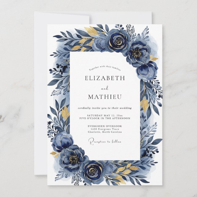 Invitation Mariage Romantique Indigo Flourish (Devant)
