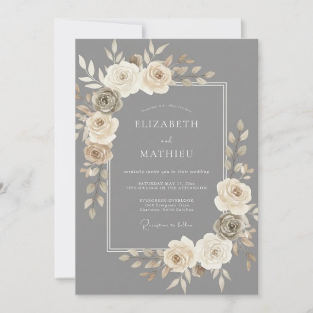 Invitation Mariage Romantique Intemporel Gris Ardoise (Devant)