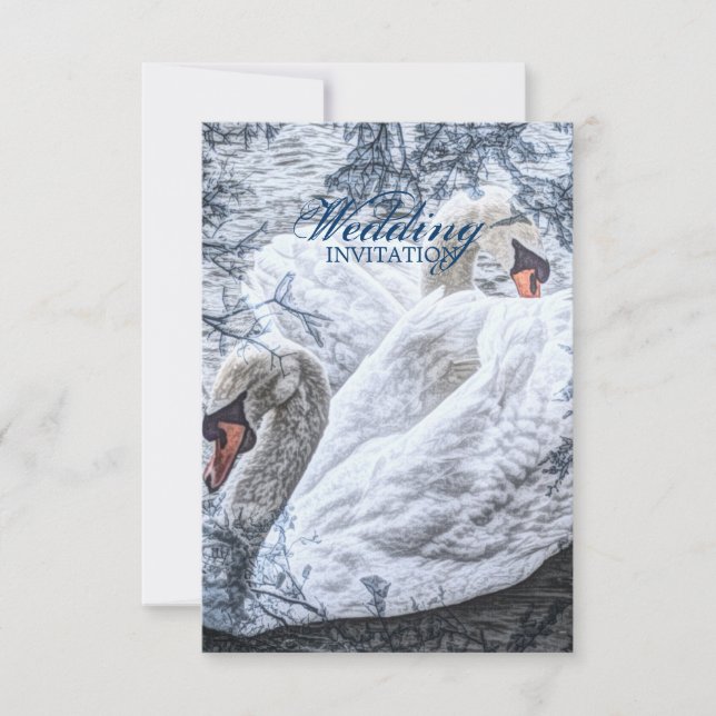 Invitation mariage romantique lac d'hiver cygne blanc (Devant)