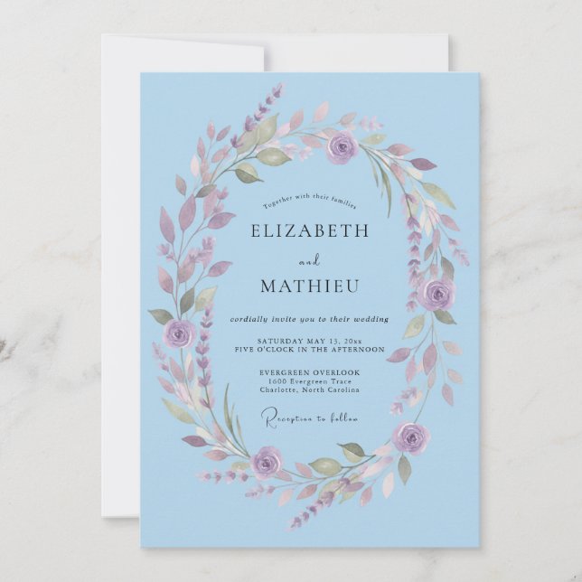 Invitation Mariage Romantique Laurier Bleu Ciel (Devant)