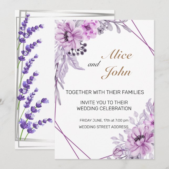 Invitation Mariage Romantique Lilas et Lavande Violette (Devant / Derrière)