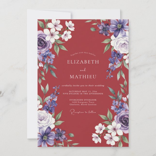 Invitation Mariage Romantique Luxuriant aux Canneberges (Devant)