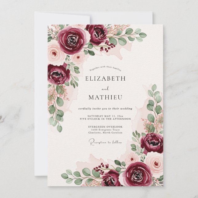 Invitation Mariage romantique luxuriant en Bourgogne (Devant)