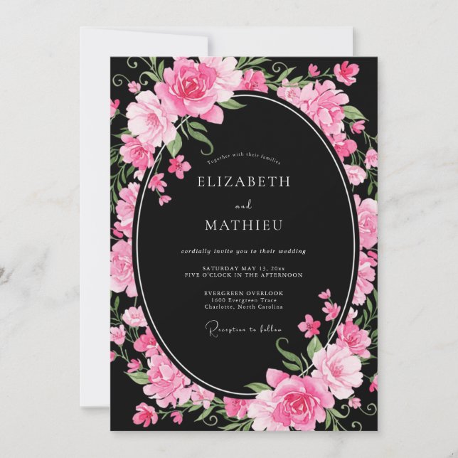Invitation Mariage Romantique Luxuriant Noir (Devant)