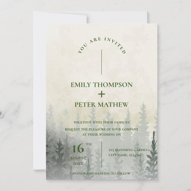 Invitation Mariage romantique Misty Forest Aquarelle Arbres (Devant)
