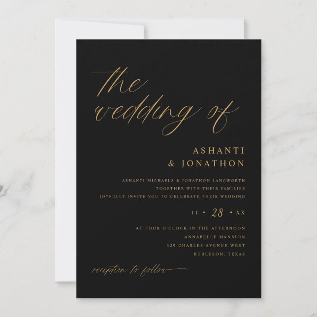Invitation Mariage romantique moderne noir et or (Devant)