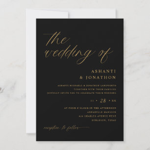 Invitation Mariage romantique moderne noir et or