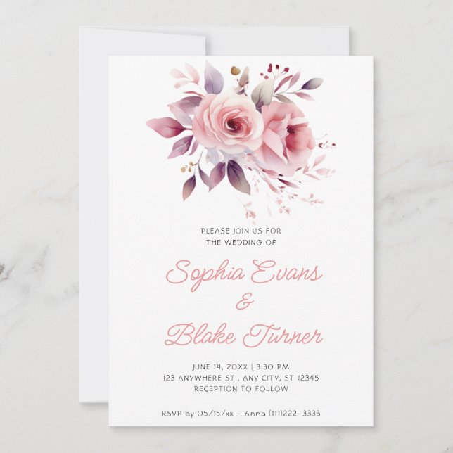 Invitation Mariage Romantique Moderne Roses Roses Blanches (Devant)