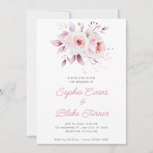 Invitation Mariage Romantique Moderne Roses Roses Blanches (Devant)