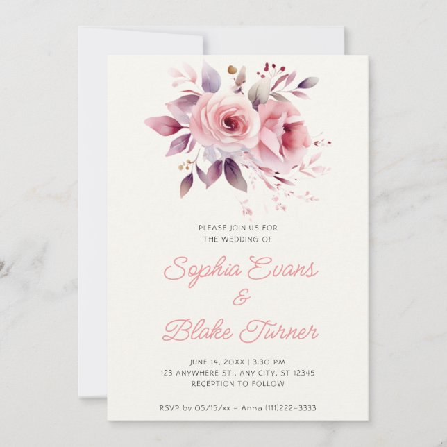 Invitation Mariage Romantique Moderne Roses Roses Blanches Cr (Devant)