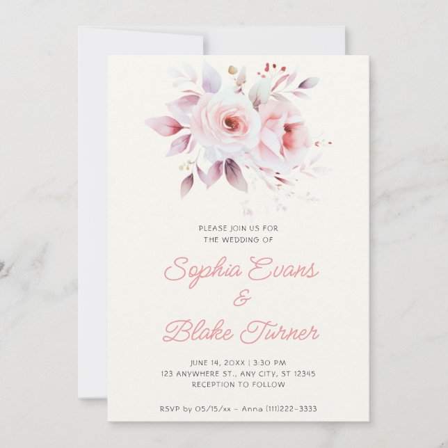 Invitation Mariage Romantique Moderne Roses Roses Blanches Cr (Devant)