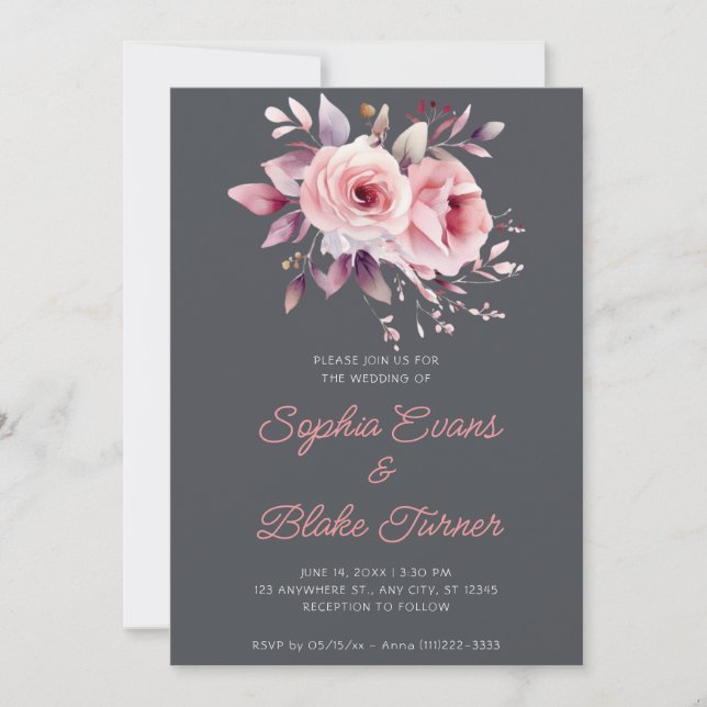 Invitation Mariage Romantique Moderne Roses Roses Grises Grap (Devant)