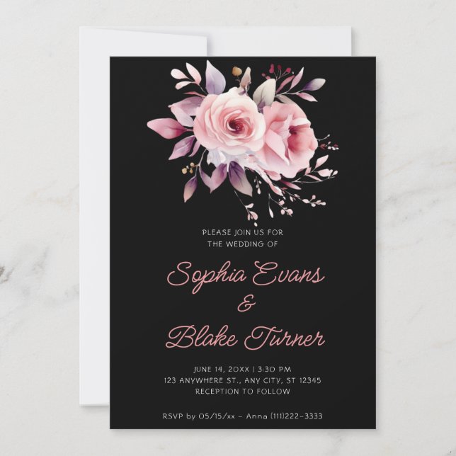 Invitation Mariage Romantique Moderne Roses Roses Noires (Devant)