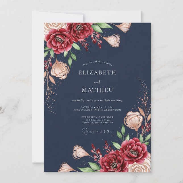 Invitation Mariage romantique Navy Bloom (Devant)