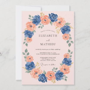Invitation Mariage Romantique Navy Coral Blossom