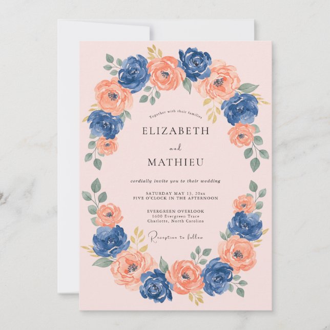 Invitation Mariage Romantique Navy Coral Blossom (Devant)