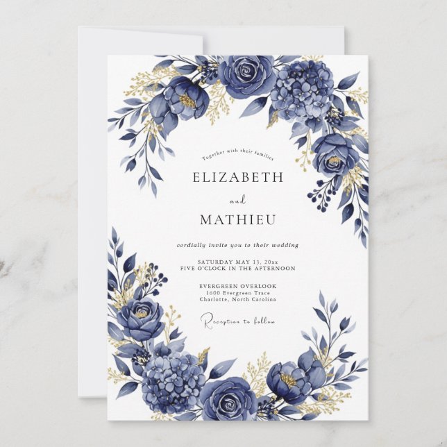 Invitation Mariage Romantique Navy Gilded Bloom (Devant)