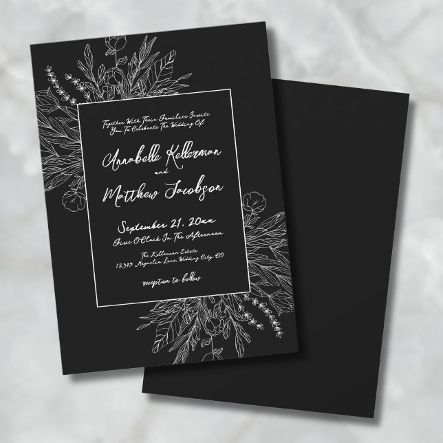 Invitation Mariage Romantique Noir Blanc Botanique Élégant (Romantic Black White Botanical Elegant Wedding Invitation)