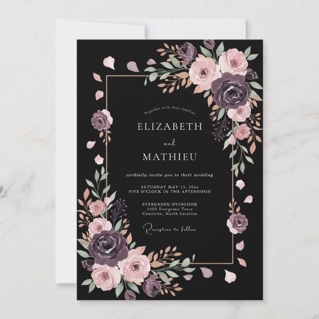 Invitation Mariage Romantique Noir de Minuit (Devant)