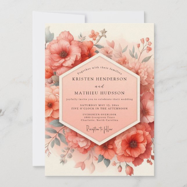 Invitation Mariage Romantique Opulence Fleur de Corail (Devant)