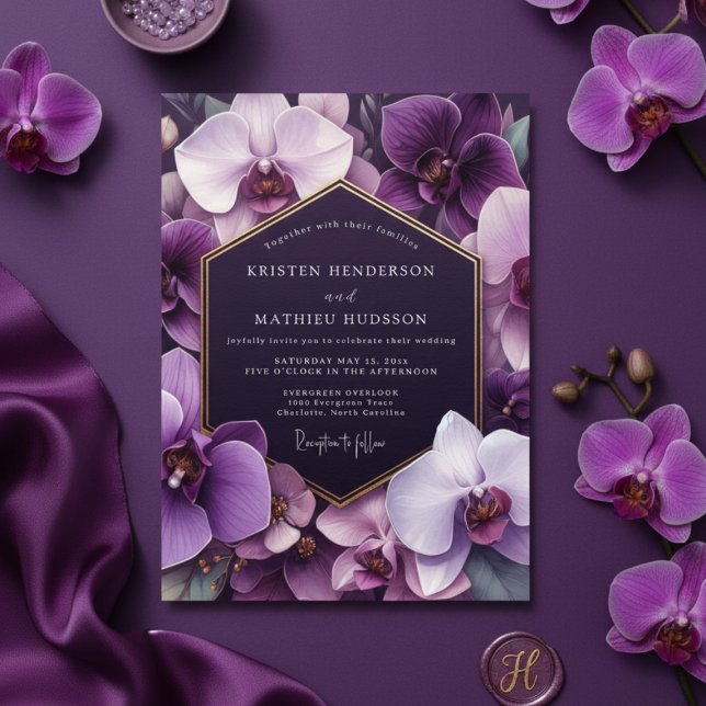 Invitation Mariage Romantique Opulent à l'Orchidée Violette (Créateur téléchargé)