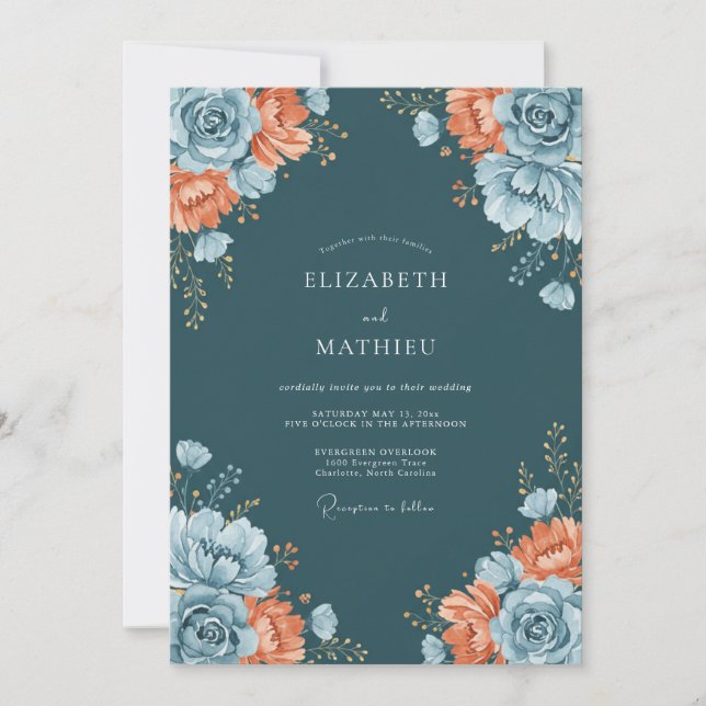 Invitation Mariage Romantique Opulent Floral Turquoise (Devant)