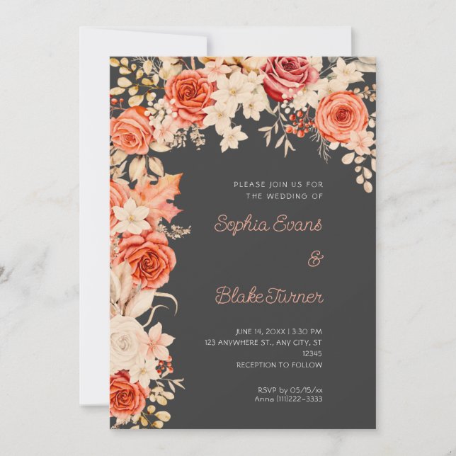 Invitation Mariage Romantique Orange & Roses Blanches Ombre G (Devant)