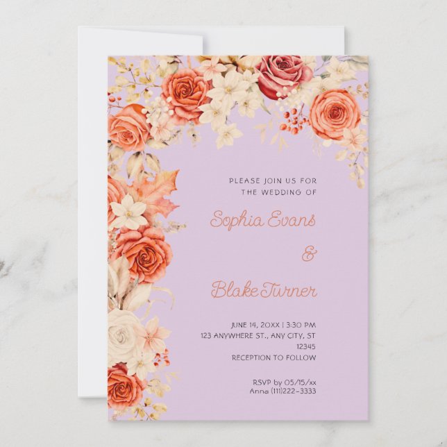 Invitation Mariage Romantique Oranges & Roses Blanches Lilas (Devant)