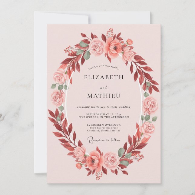 Invitation Mariage Romantique Ovale Botanique de Corail (Devant)
