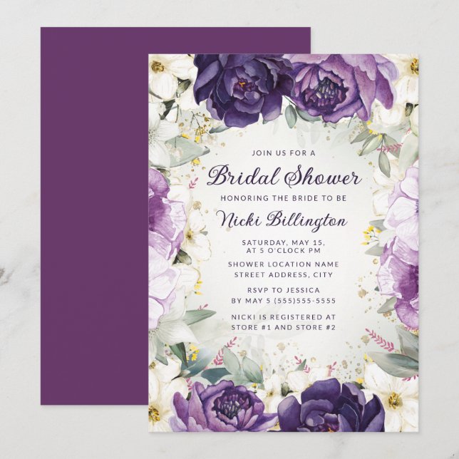 Invitation Mariage Romantique Paillettes Fleurs Blanches et V (Devant / Derrière)