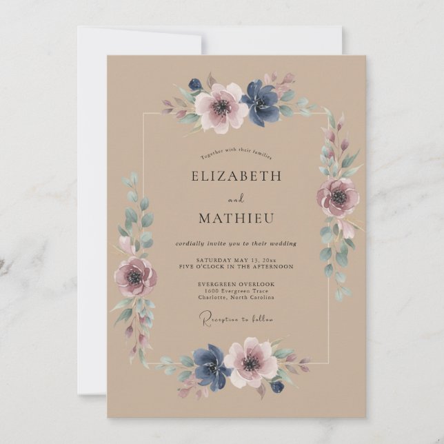 Invitation Mariage Romantique Painterly Bleu Poussiéreux (Devant)
