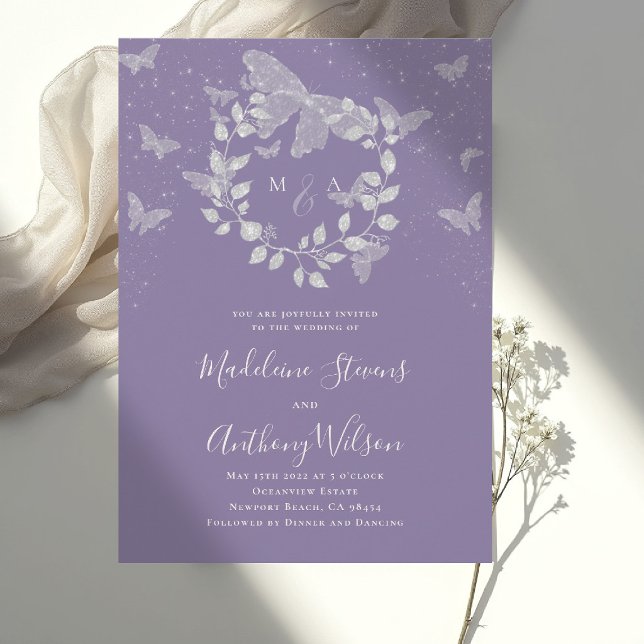 Invitation Mariage Romantique Papillon Eucalyptus Lavande (lavender wedding invitation butterfly eucalyptus modern classic romantic elegant initial calligraphy)