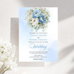 Invitation Mariage romantique pastel bleu pivoine eucalyptus 