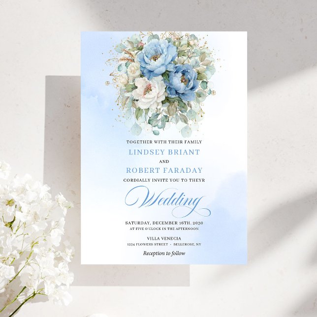 Invitation Mariage romantique pastel bleu pivoine eucalyptus  (Romantic Pastel Blue Peony Eucalyptus Gold Wedding Invitation)