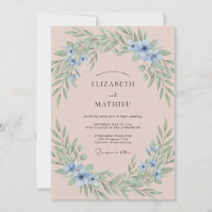 Invitation Mariage Romantique Pétales Bleus Rosés