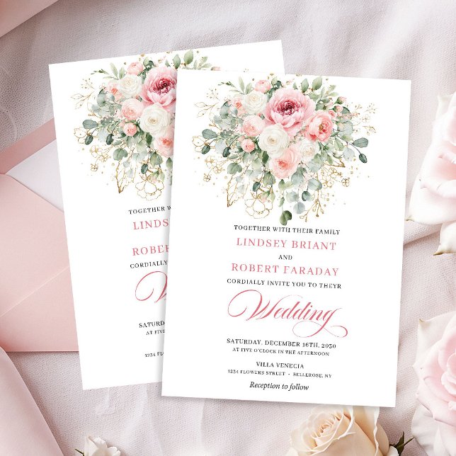 Invitation Mariage Romantique Pivoines Teintes Dorées  (Romantic Blush Peonies Greenery Gold Wedding Invite)
