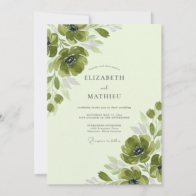 Invitation Mariage Romantique Printanier Anémone Vert de Mous (Devant)