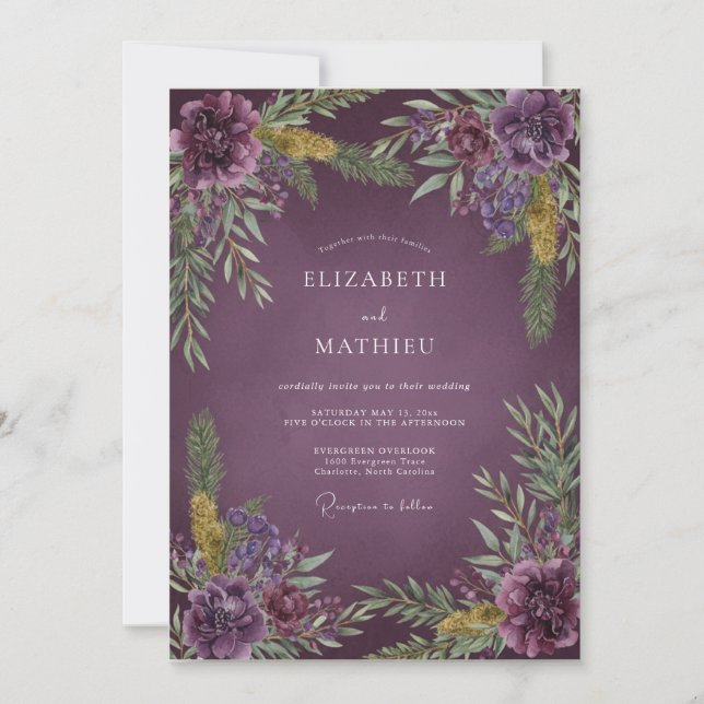Invitation Mariage Romantique Profond Violet Peint (Devant)
