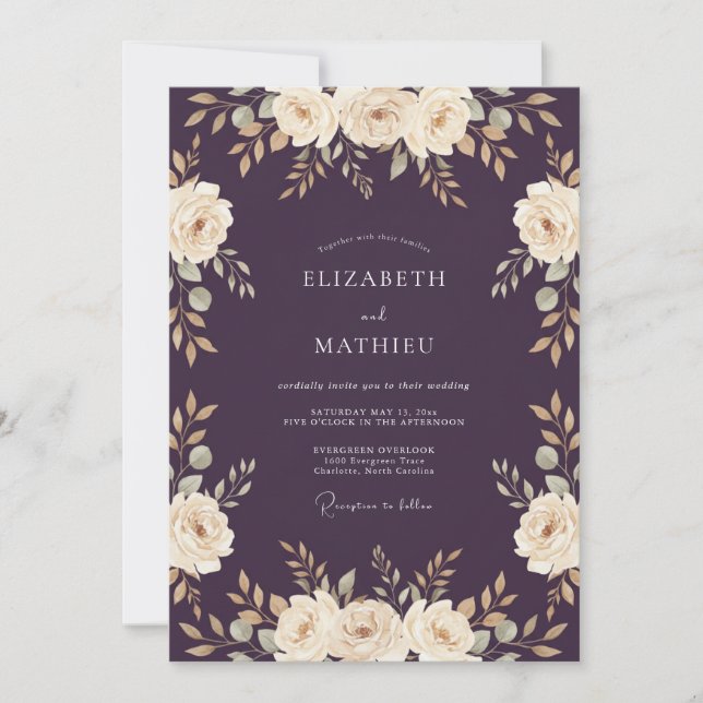 Invitation Mariage Romantique Riche Aubergine (Devant)