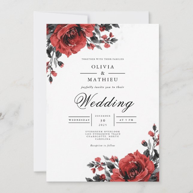 Invitation Mariage romantique riche en fleurs rouges (Devant)