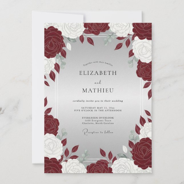 Invitation Mariage Romantique Rose Blanche Cramoisi (Devant)